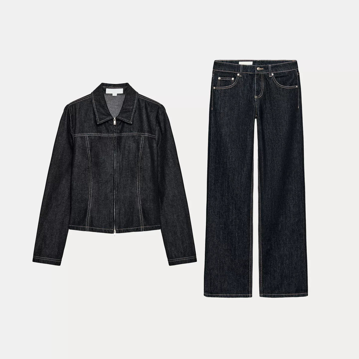 Denim Zip Shirt & Wide-Leg Trousers Set
