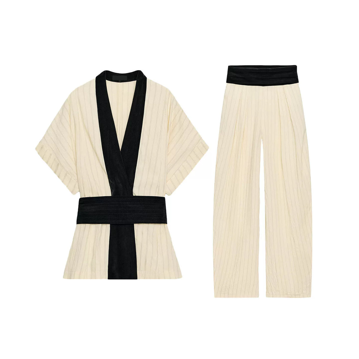 Contrast Trim Striped Top & Wide-Leg Trousers Set