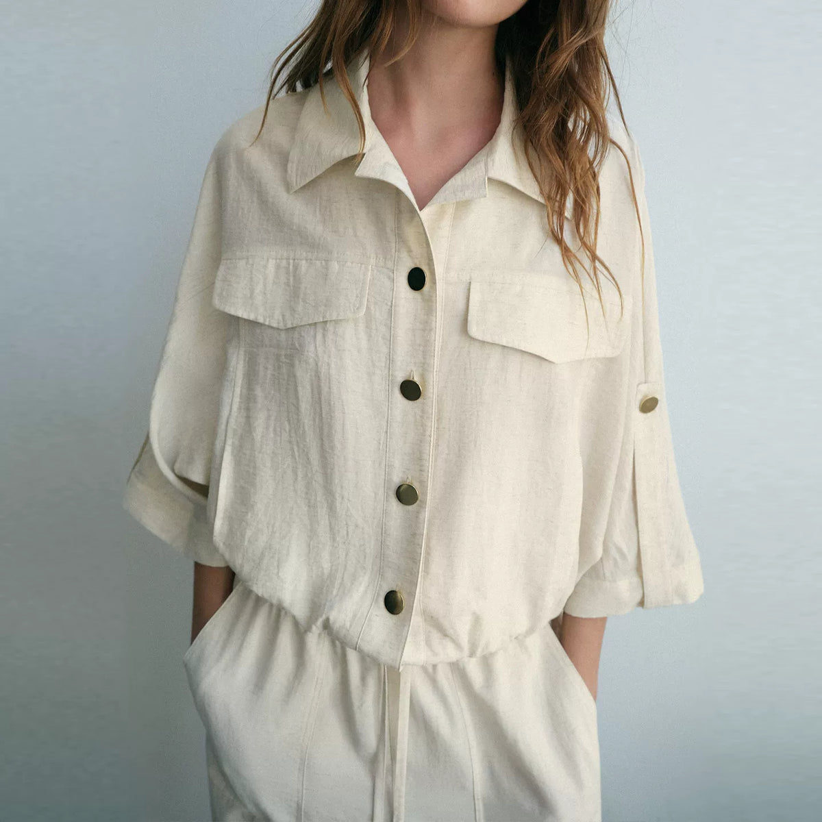 Safari Shirt and Tie-Waist Straight Trousers Set