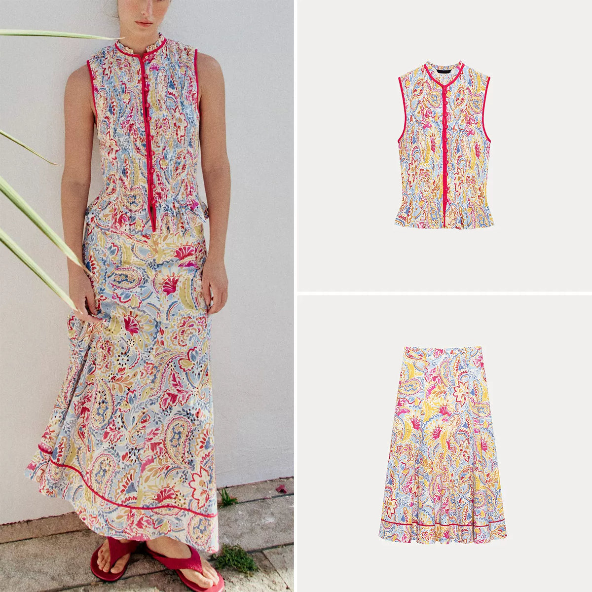 Printed Cutwork Top & A-Line Midi Skirt Set