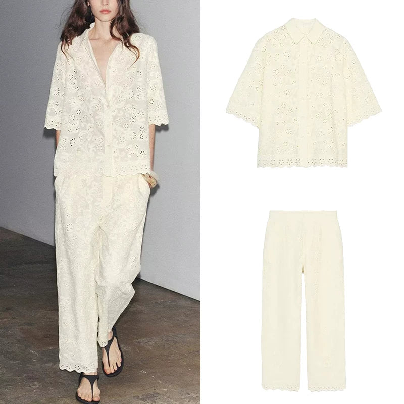 Cutwork Embroidered Shirt and Trousers Set