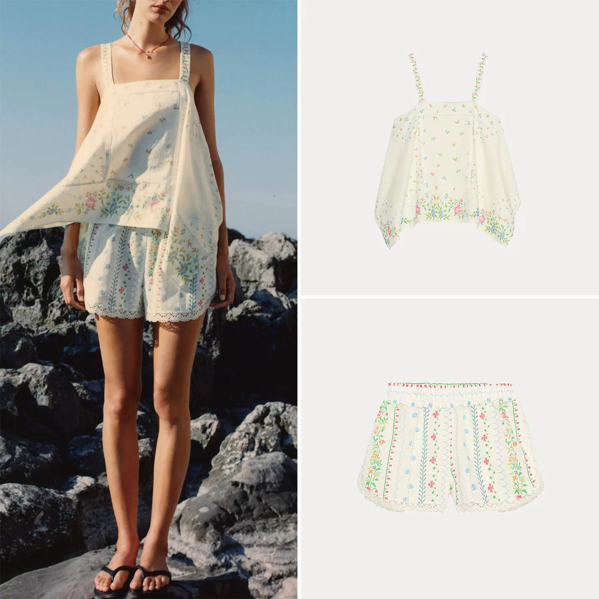 Printed Asymmetric Top and Ruffle Shorts Set