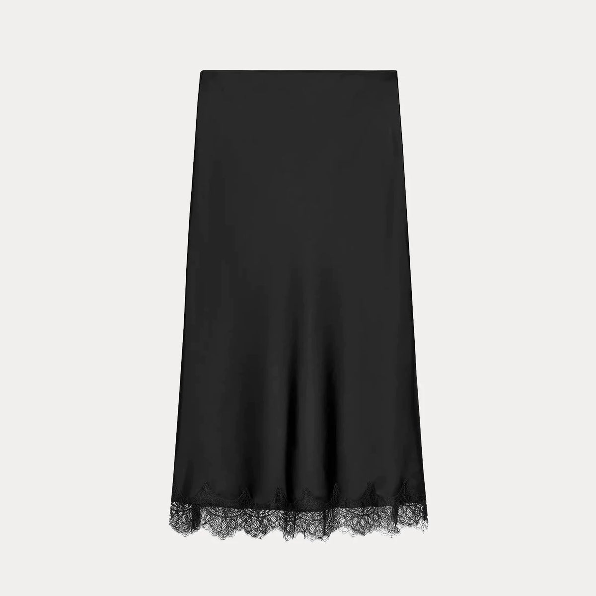 Lace-Trim Satin-Finish Midi Skirt
