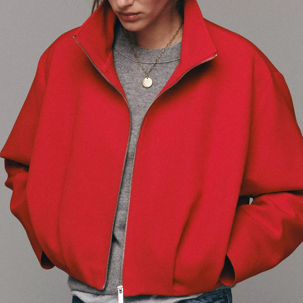 Stand-Collar Zip Bomber Jacket