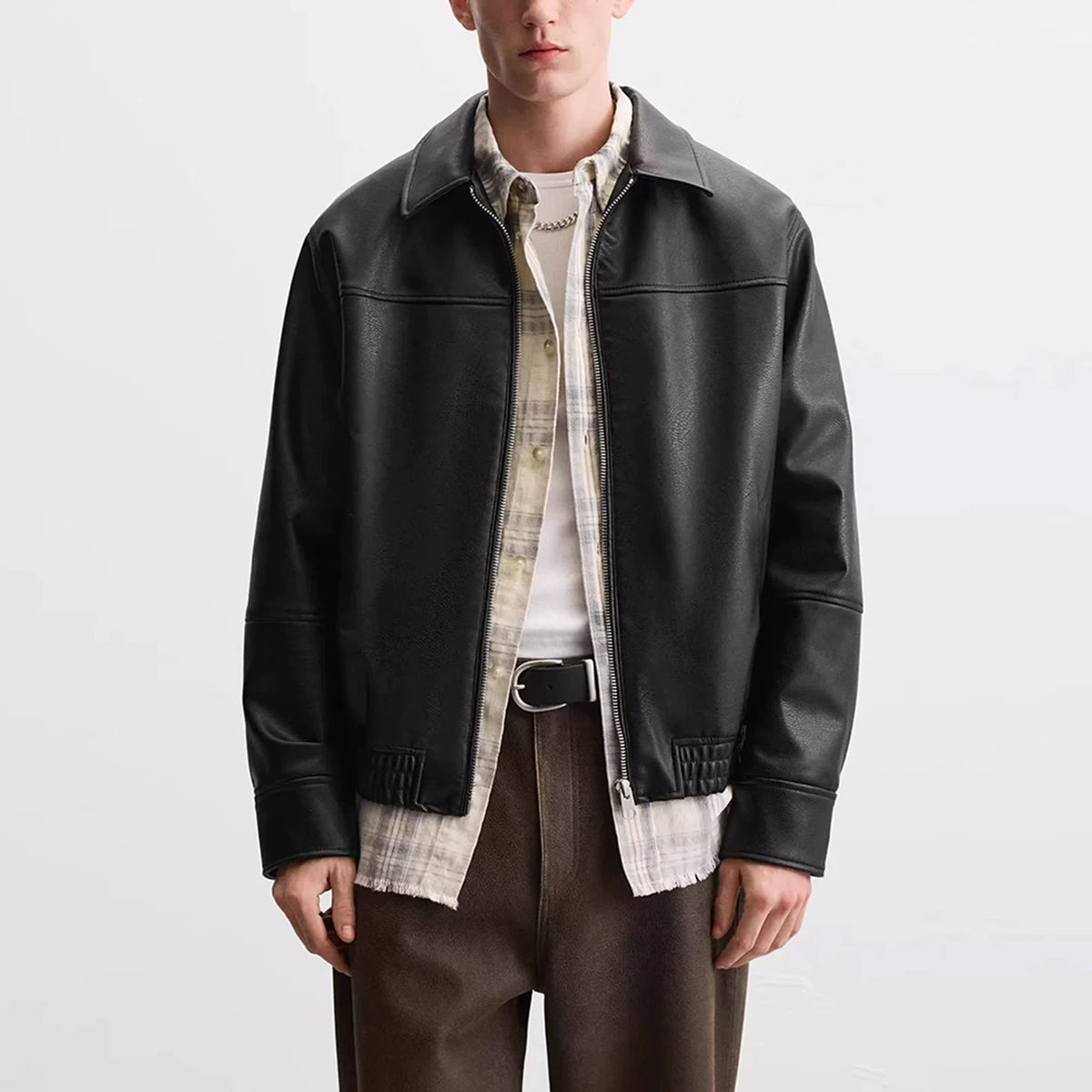 Faux Leather Collar Zip Jacket