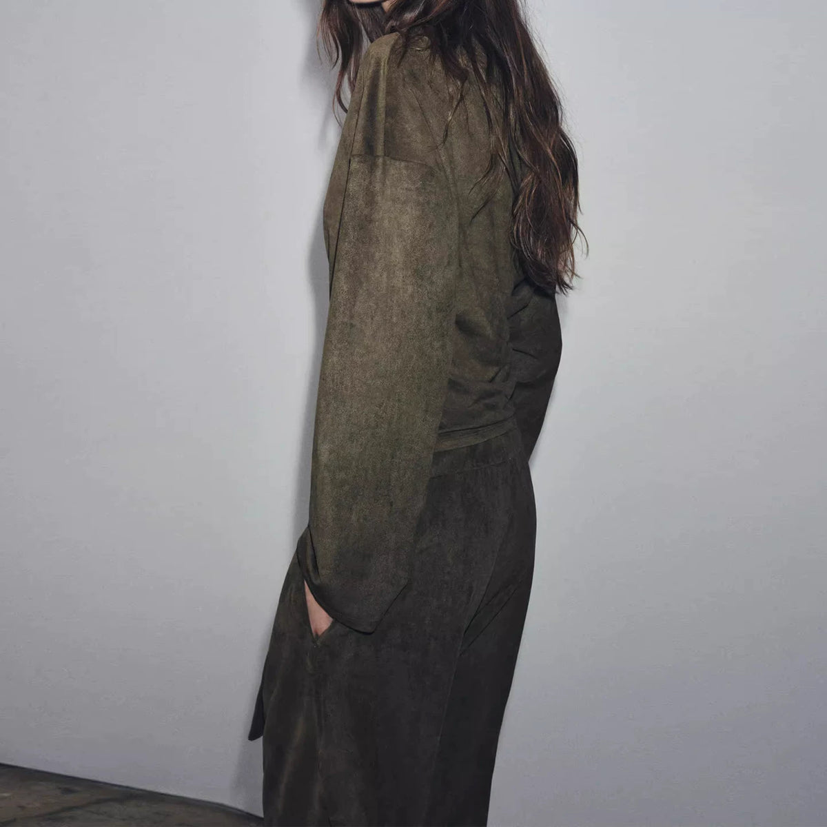 Suede-Effect Ruched Top and Trousers Set