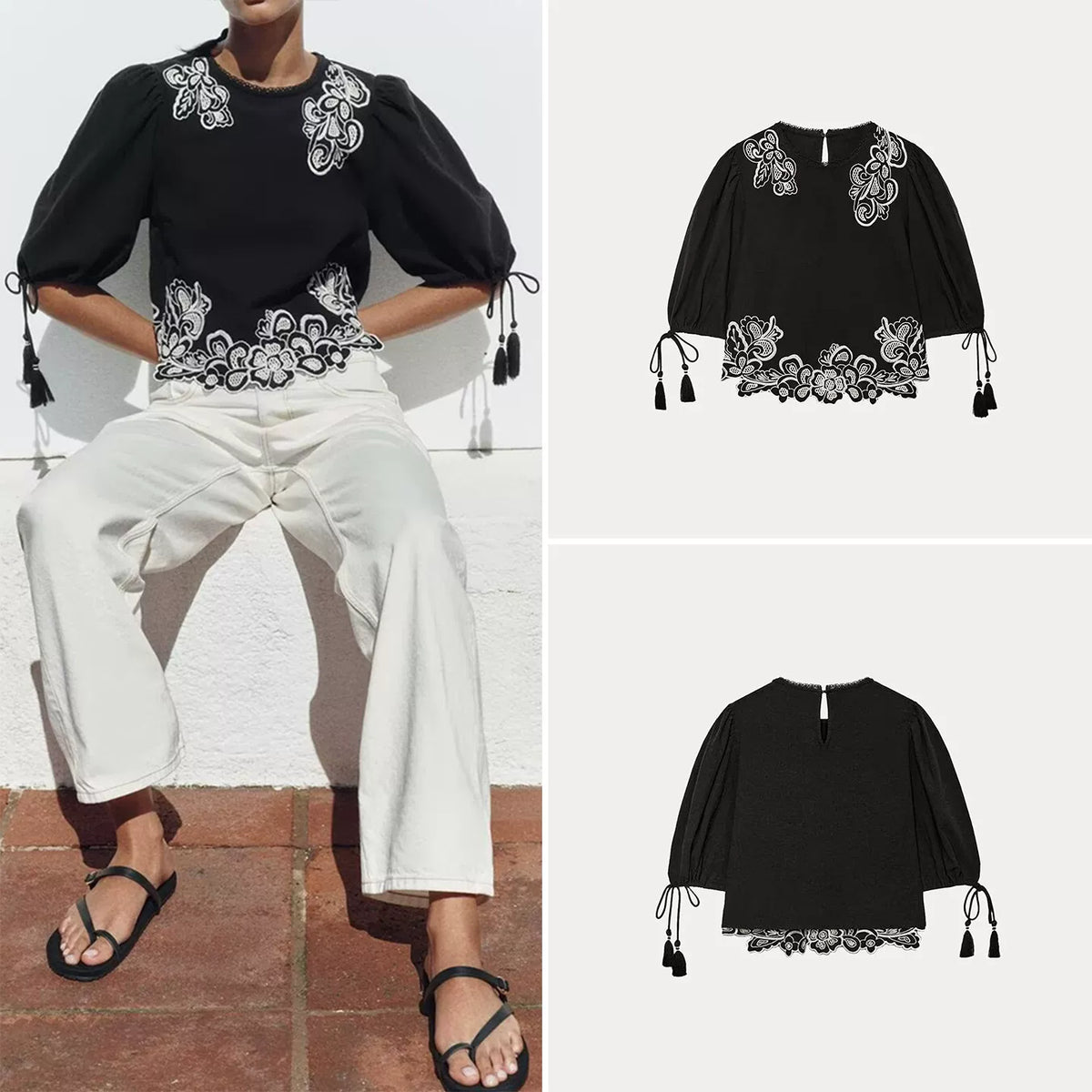 Contrast Embroidered Puff-Sleeve Blouse
