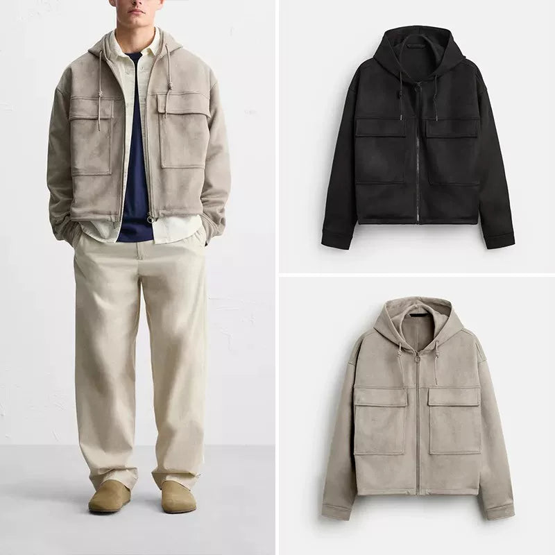 Hooded Suede-Effect Zip Jacket