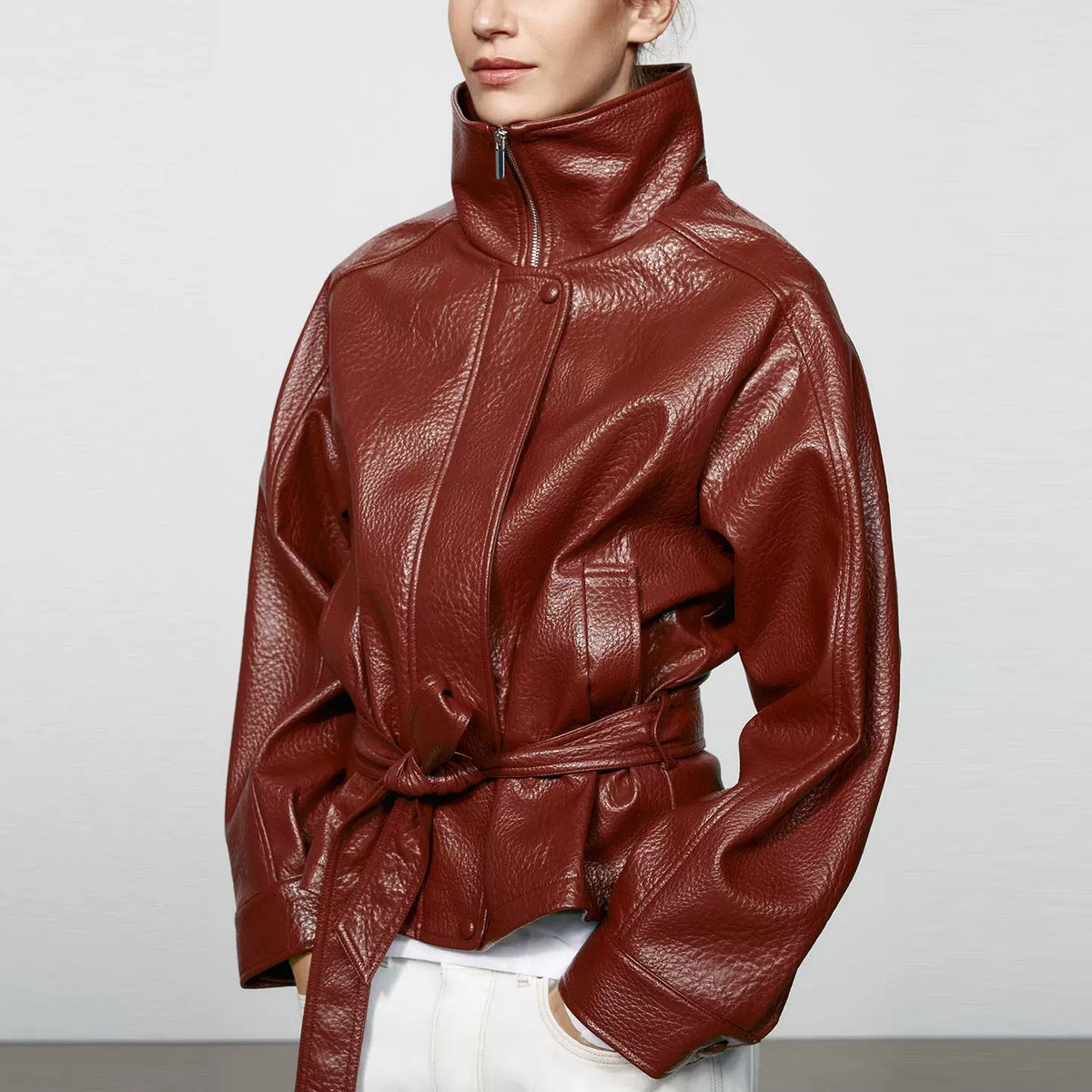 Faux Leather Stand-Collar Belted Jacket