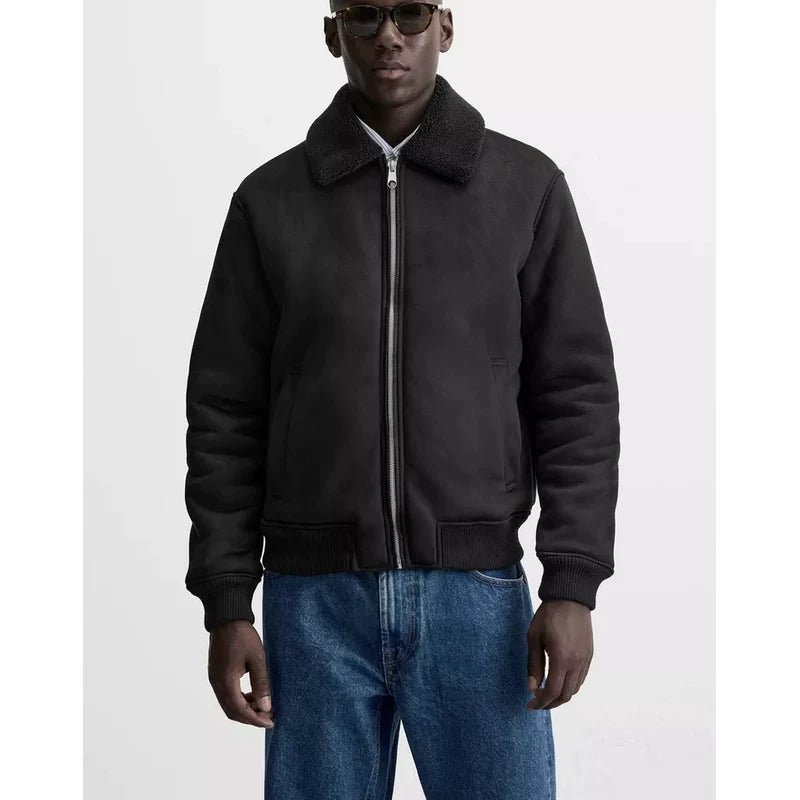 Suede-Effect Panel Zip Jacket