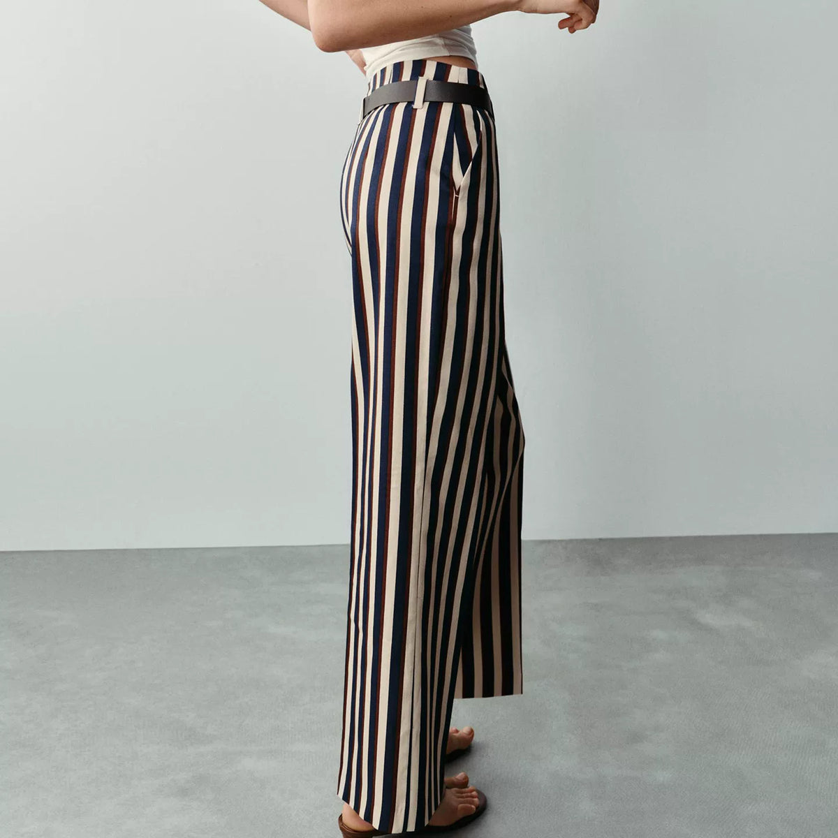 Striped Belted Straight-Leg Trousers
