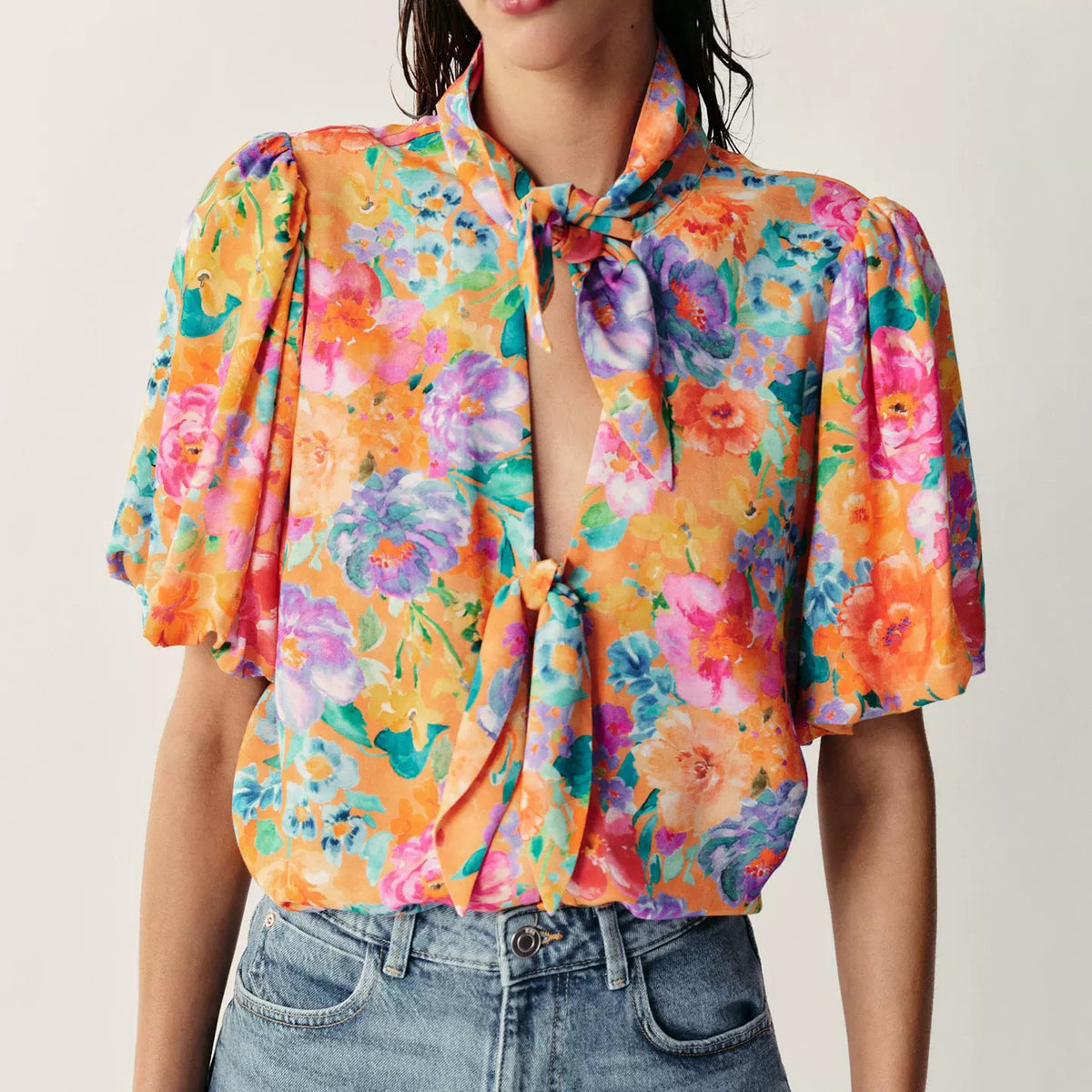 Bow Floral Print Short-Sleeve Shirt
