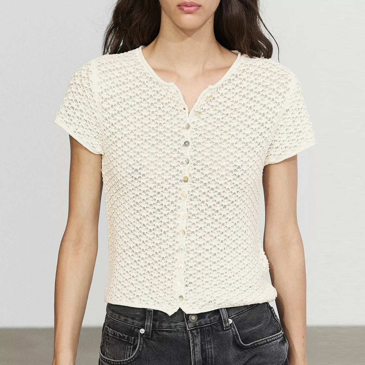 Textured Openwork Short-Sleeve Cardigan