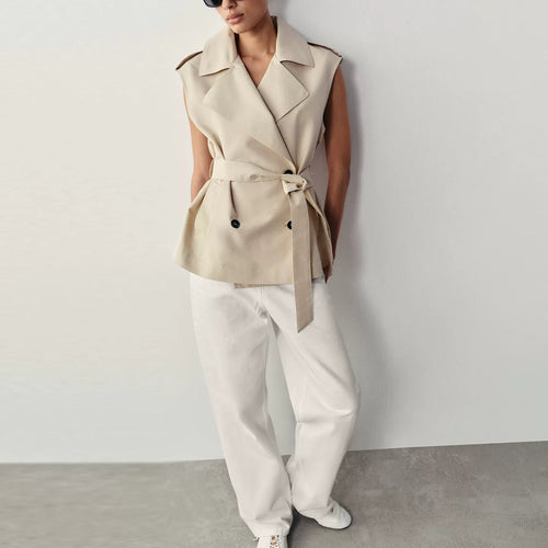 Belted Double-Breasted Collar Vest