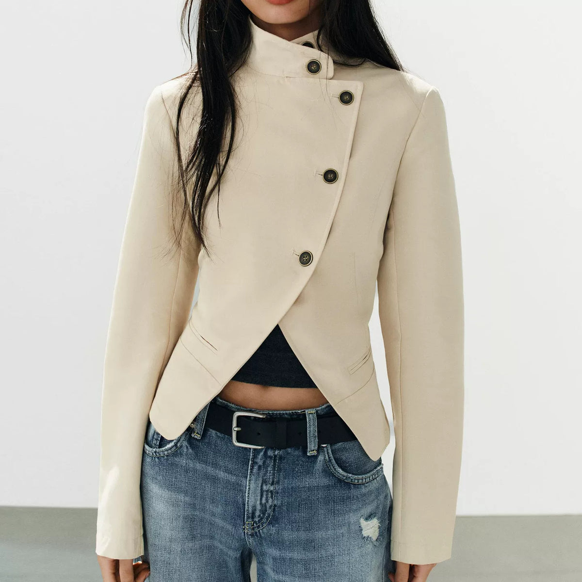 Stand-Collar Double-Breasted Blazer