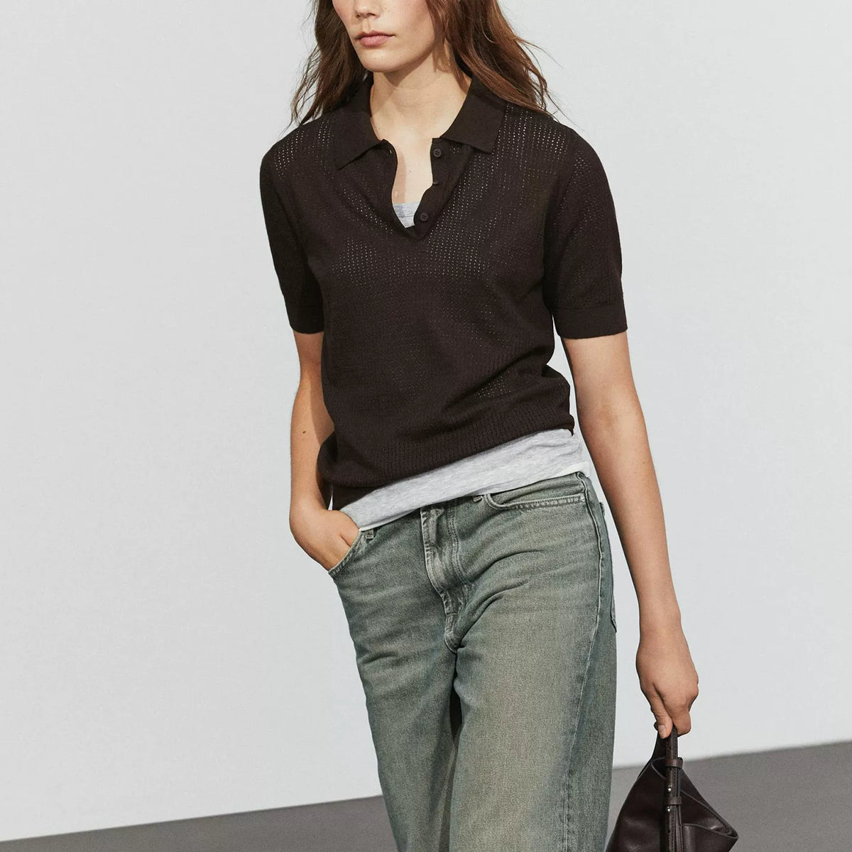 Openwork Polo Collar Short-Sleeve Top