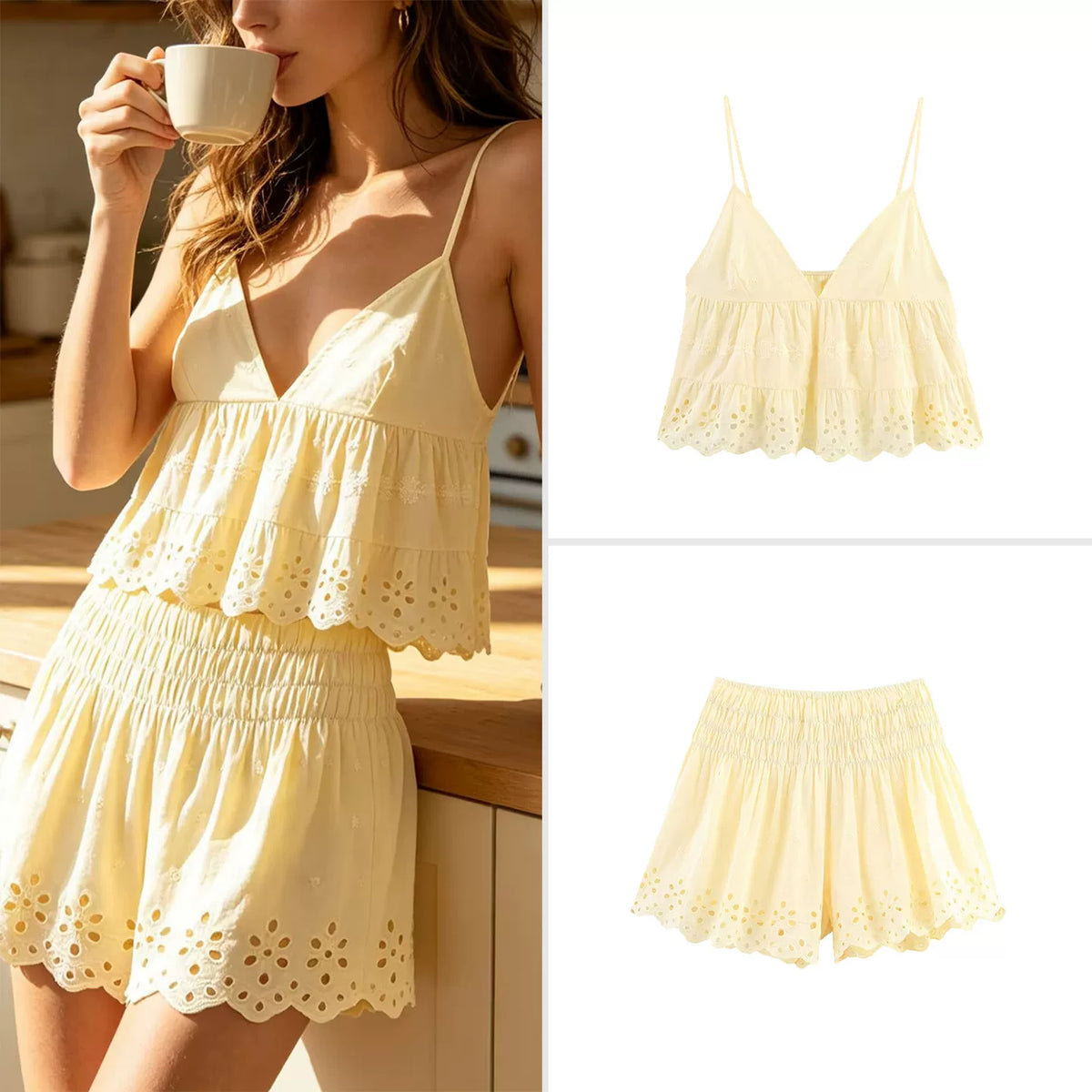 Strappy Top and Embroidered Shorts Set