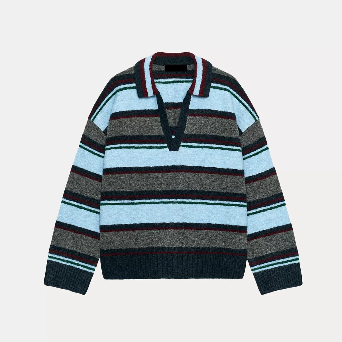 Striped V-Neck Long-Sleeve Polo