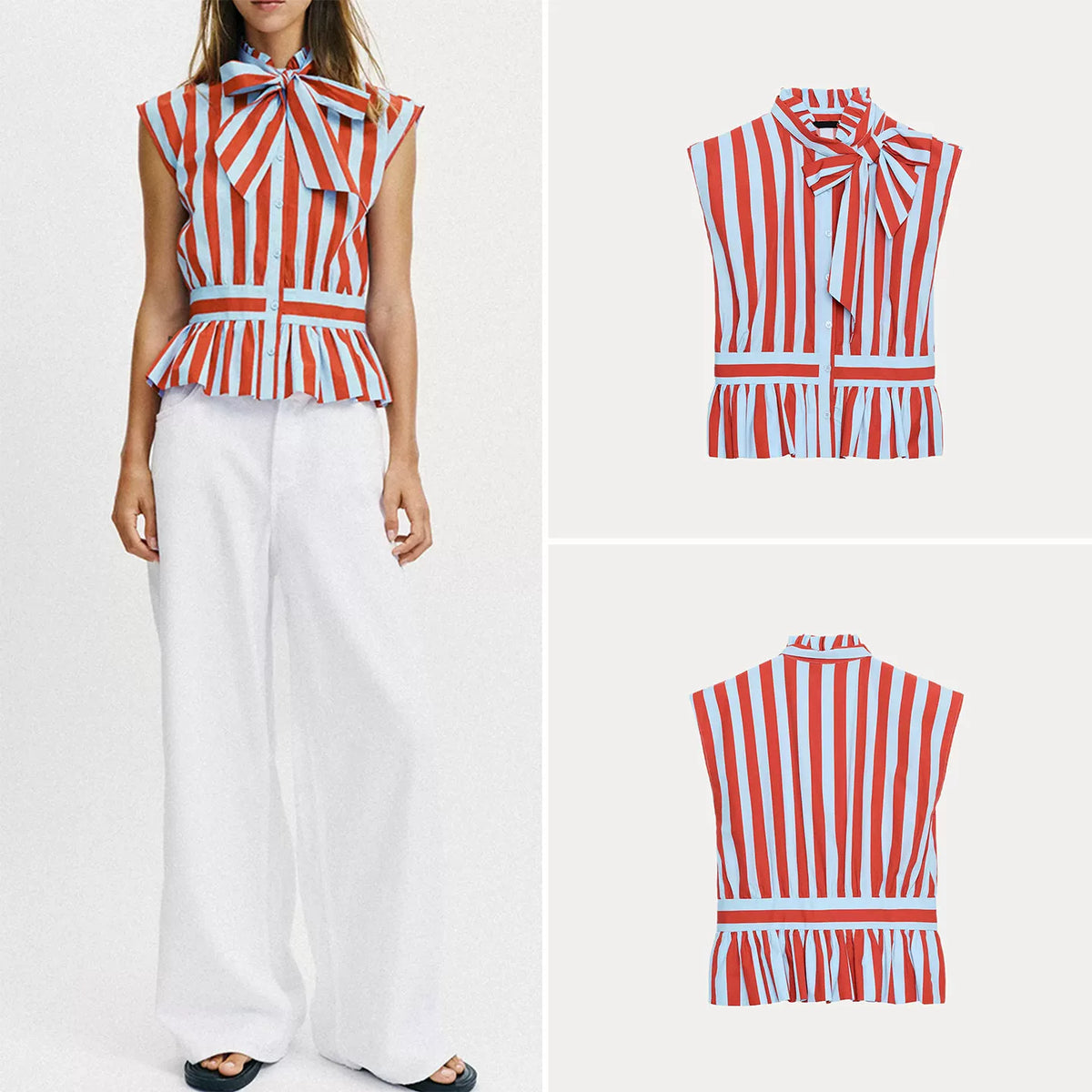 Sleeveless Bow-Trim Striped Shirt