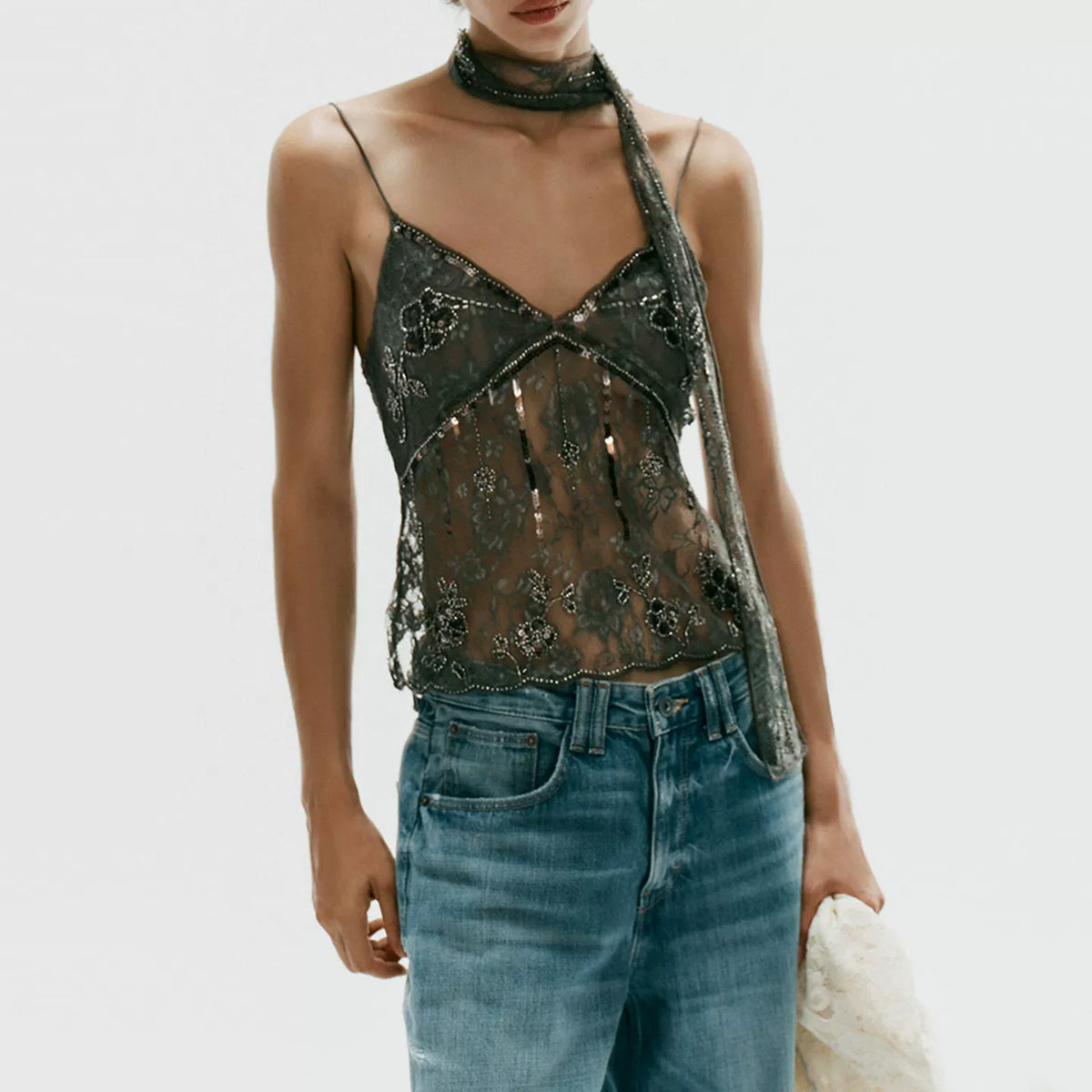 Lace Embroidered Scarf-Style Top