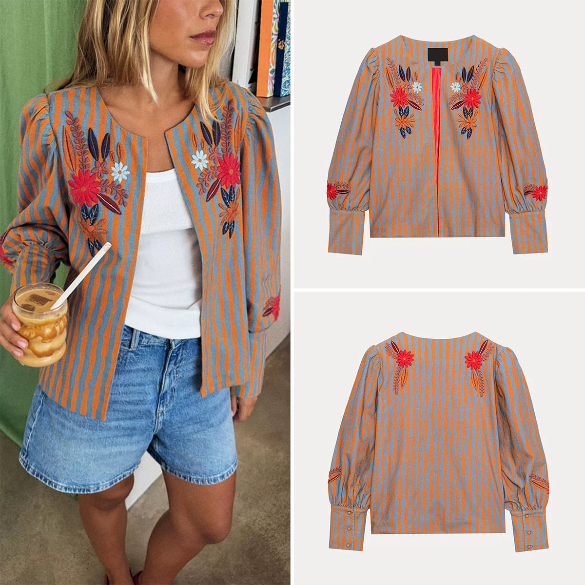 Embroidered Floral Striped Jacket