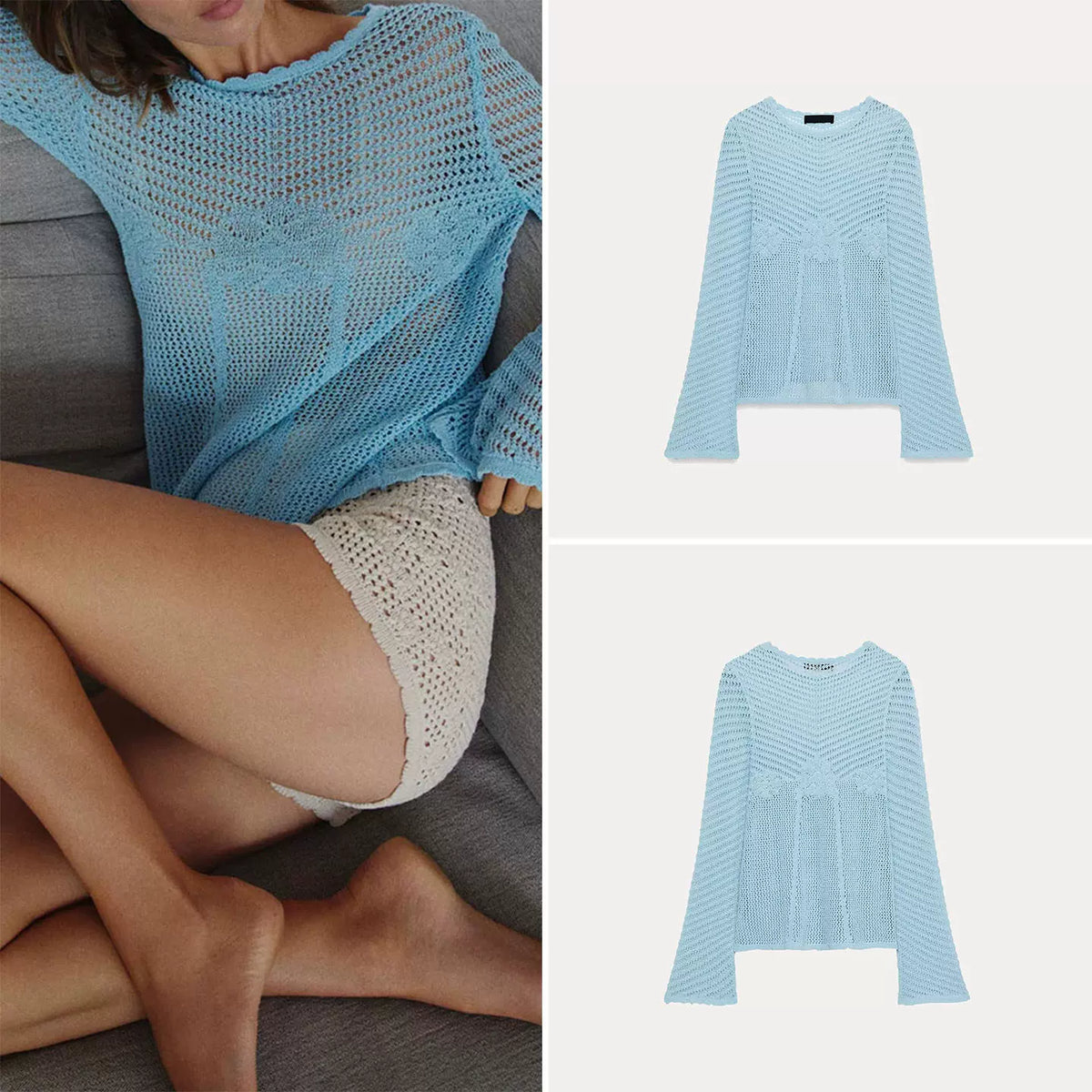 Open-Knit Bell Sleeve Sweater