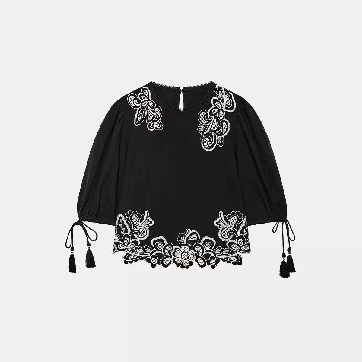Contrast Embroidered Puff-Sleeve Blouse