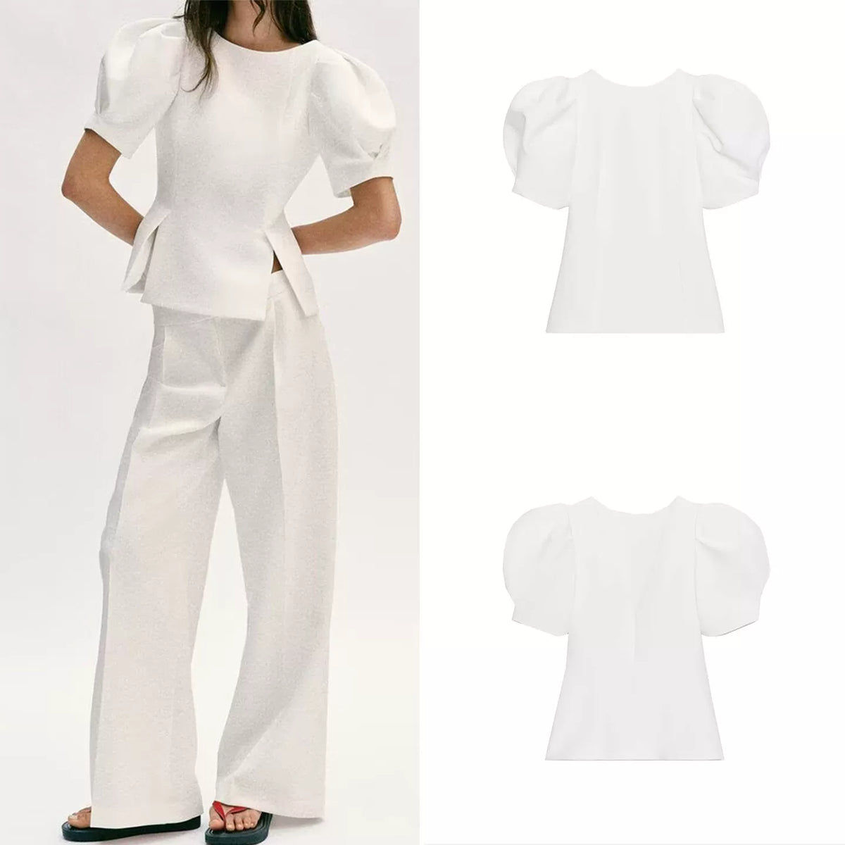Puff Sleeve Slit Hem Tee