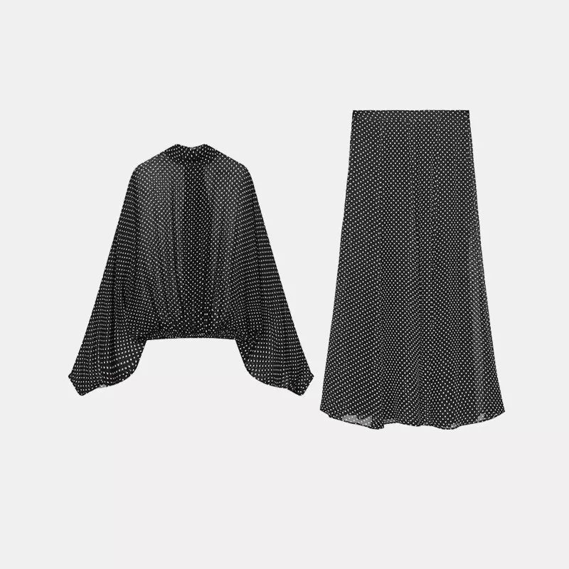 Polka Dot Bow Shirt and Midi Skirt Set