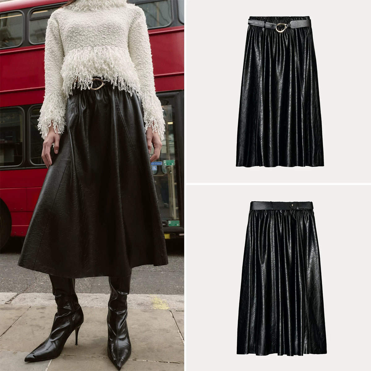 Belted Faux Leather Cape Skirt