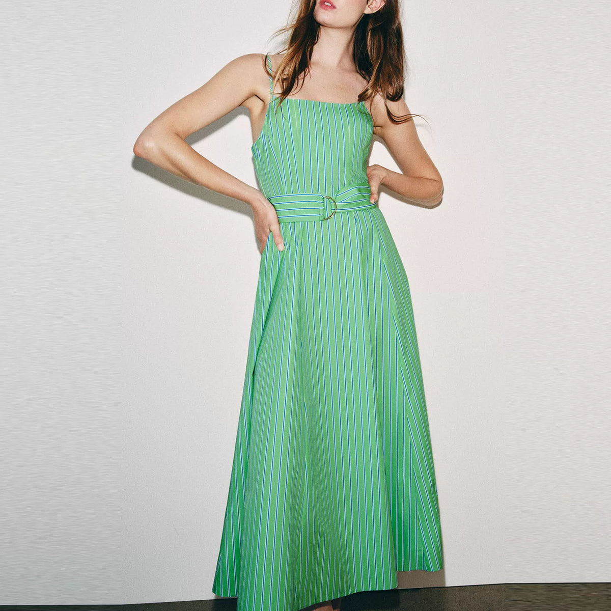 Striped Belted Midi Slip Dress