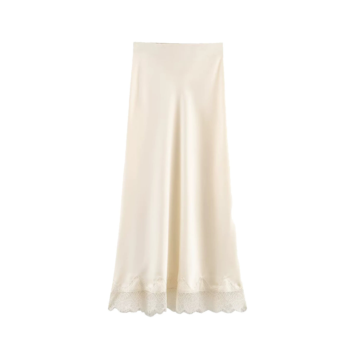 Lace-Trim Satin-Finish Midi Skirt