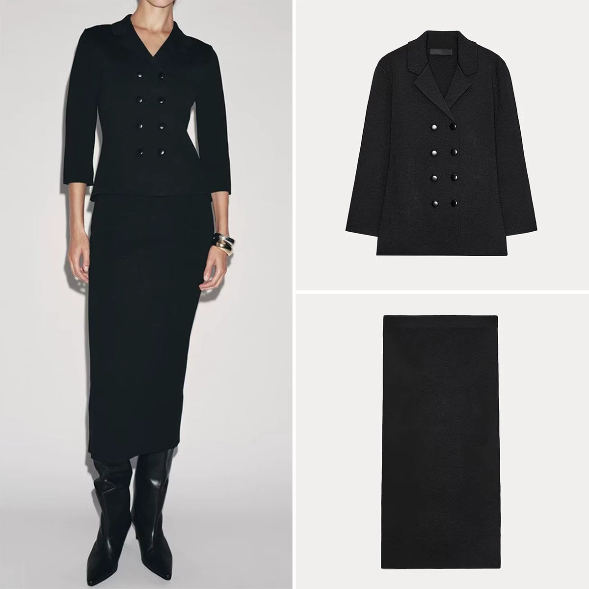 Knit Double-Breasted Jacket and Midi Skirt Set