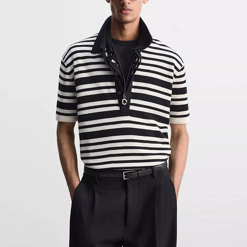 Relaxed Striped Knit Polo Shirt