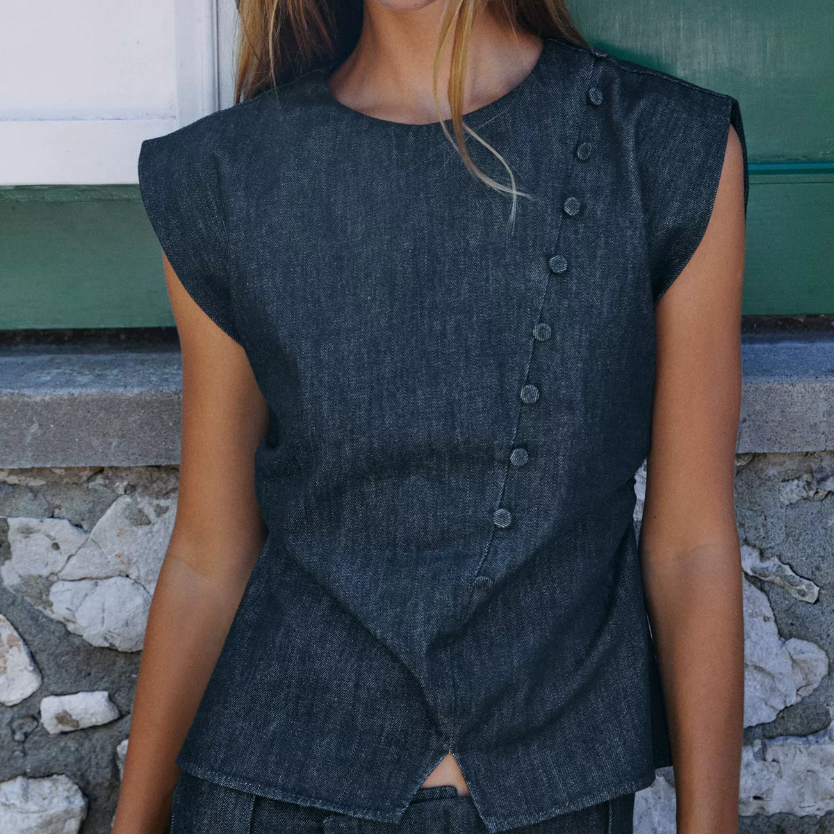 Denim Top and Wide-Leg Trouser Set