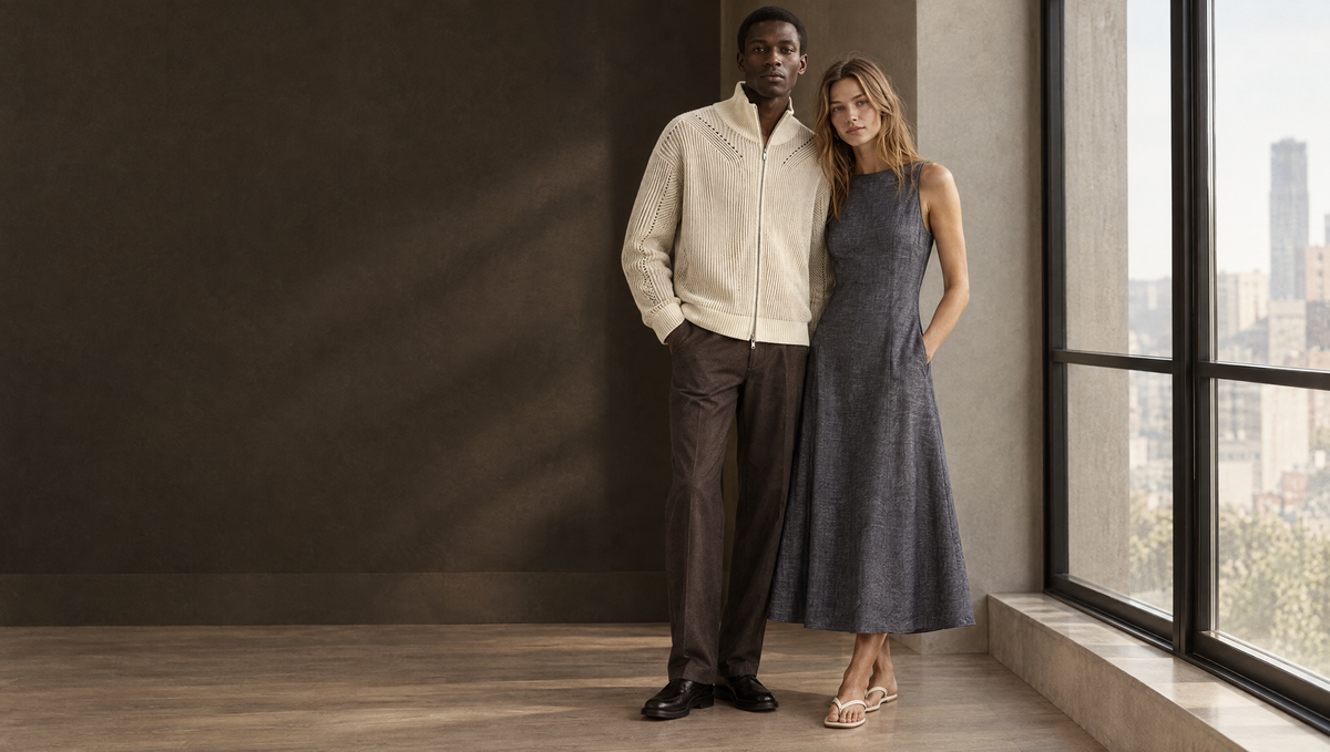 A man and woman in GUEVII knitwear and a midi dress by a tall window