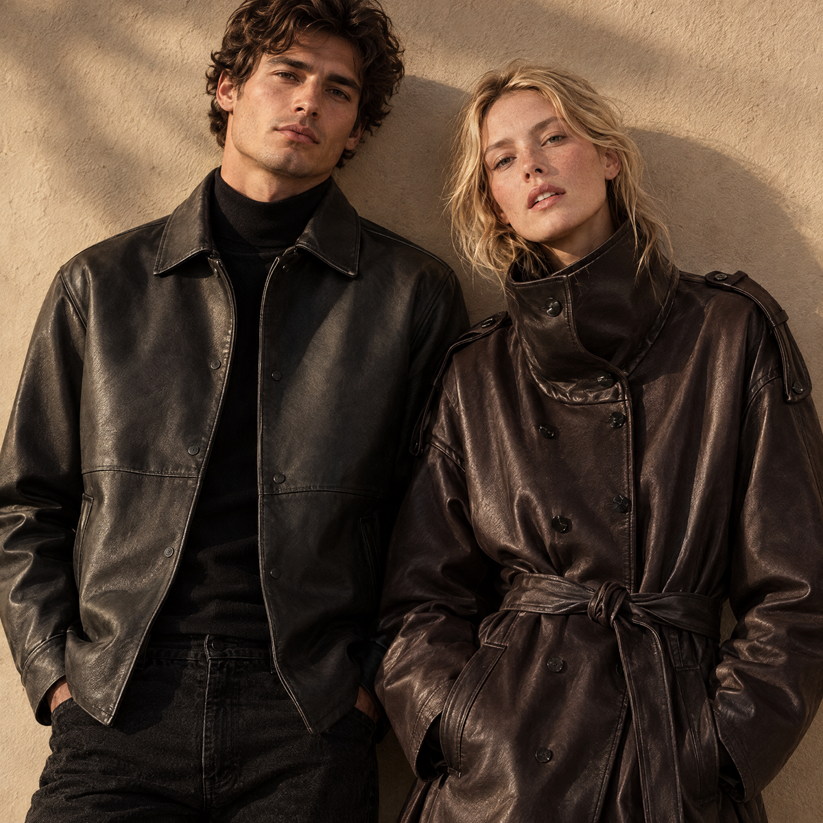 A man and woman in GUEVII leather jackets