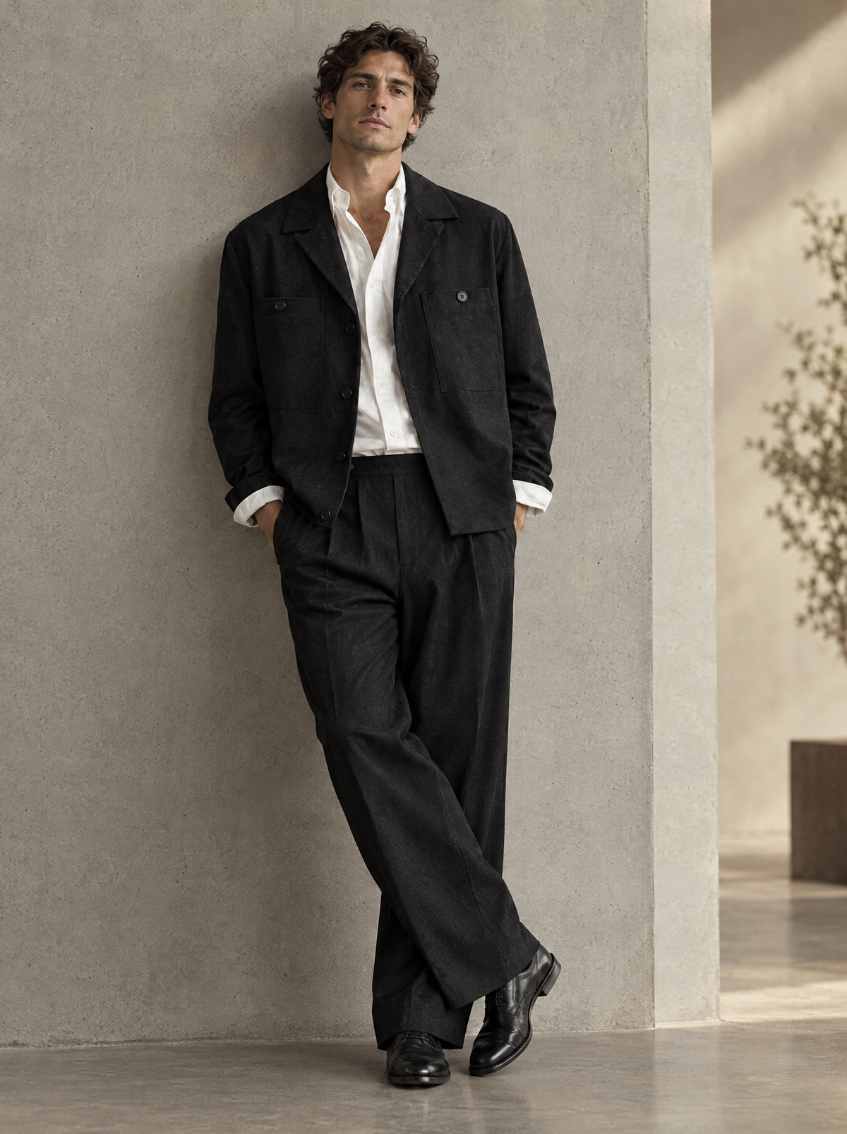 Man in a GUEVII black jacket and trouser set