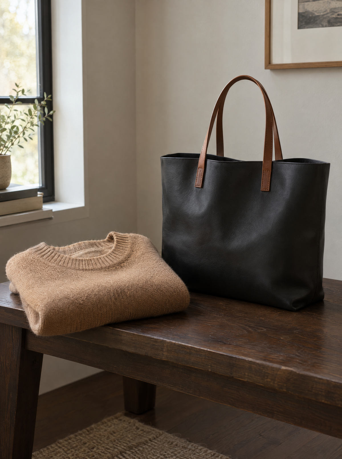 A folded knit and leather tote on a bench