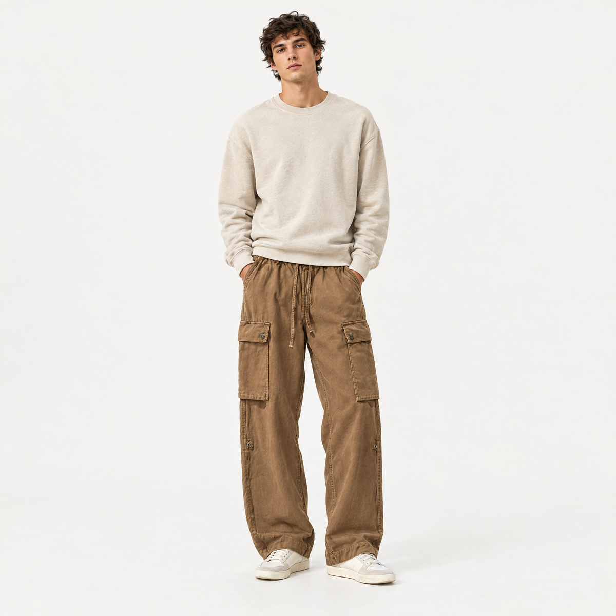 Washed Khaki Cargo Trousers